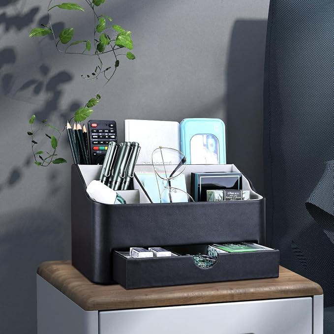 Desk Organizer with Drawer, Multifunction Pencil Holder for Desk, Desk Organizer and Accessories 5 Compartments for Home Office Supplies (Black) - Image 9