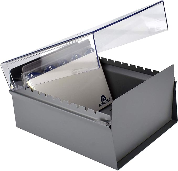 Acrimet 5 X 8 Card File Holder Organizer Box Metal Base Heavy Duty (AZ Index Cards and Divider Included) (Gray Color with Clear Crystal Plastic Lid Cover) | With A-Z Index & Non-Slip - Image 4
