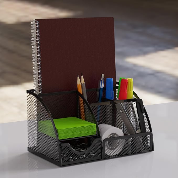 Desk Organizer and Pencil Case with Drawer and 6 Compartments in Black Metal Mesh. Space-Saving Desk Organizer for Pens, Pencils, Sticky Notes, Clips and Staplers - Image 3