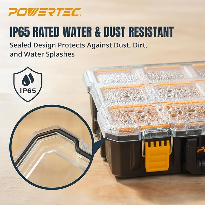 POWERTEC Small Parts Organizer & Tool Box – 10 Compartments, IP65 Water & Dust Protection, Stackable Storage with Interlocking Latch, Removable Tray, Clear Lid, Portable Design, 2-Pack (72365-P2) - Image 6
