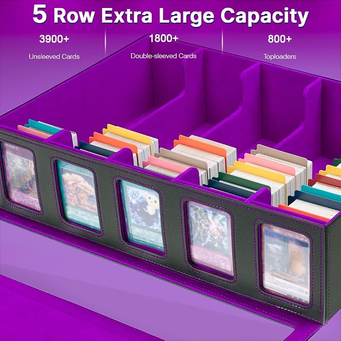 5-Row 3900+ Trading Card Storage Box for MTG, Card Deck Box with Snap-fit Design, 5 Card Sleeves, 10 Stoppers, 80 Dividers and 1 Dice Tray (Black-Purple) - Image 2