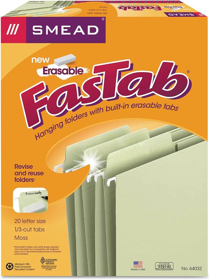 Smead 64032 Erasable Fastab Hanging Folders, 1/3-Cut, Letter, 11 Point Stock, Moss, 20/box by SMEAD