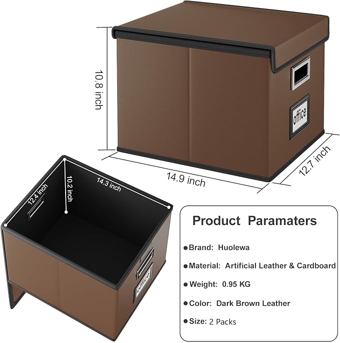 File Organizer Box with Lids, Collapsible File Folder Organizer | File Box with Plastic Slides for Document, Filing Bin for Letter Size Hanging File Folders (2 Pack, Dark Brown, Leather) - Image 6
