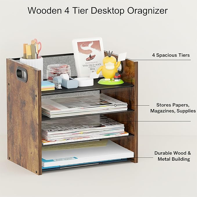 Desk Organizer, 4 Tier Desktop File Organizer and Paper Tray Organizer, Office Desk Accessories for Mail, Documents, Papers, Notebooks and Home Office Storage - Image 2