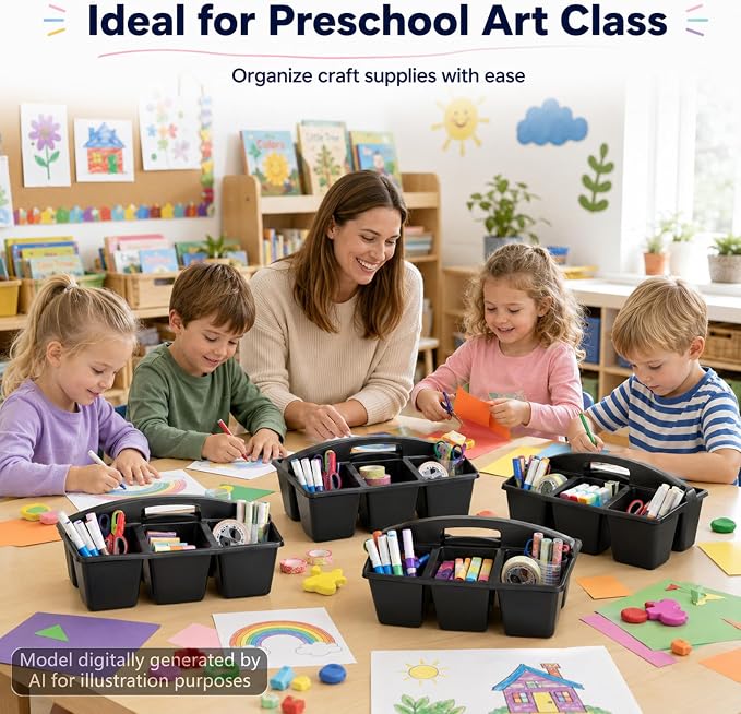6 Pack Assorted Colors 6 Compartment Classroom Caddy with Handle Portable Plastic Storage Classroom Caddies Organizer for Classrooms Supply Teacher Office Table Desk(Black) - Image 5