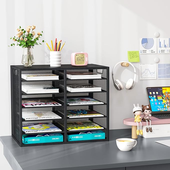 PAG Mass Mail Holder, Adjustable Countertop Literature Organizer, Student Mailbox, Desktop Bill Paper Organizer, 12 Compartments, Black - Image 5