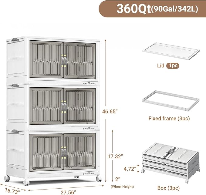 BROVIEW 360Qt Stackable Storage Bins with Lid, Extra Large Closet Organizer Collapsible Drawer Boxes with Wheels, Folding Plastic Cabinet Containers for Home Kitchen Room Organization, 3Pack White - Image 2