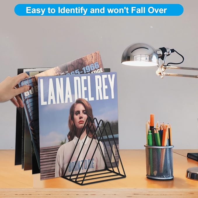 Vinyl Record Holder Storage, 9 Slot Metal Magazine Book Album Display Rack, Stylish Triangle Desktop File Sorter Organizer for Home Office, Black - Image 5