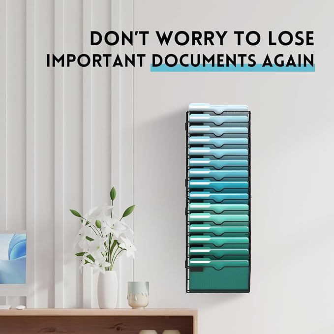 15-Tier Wall File Organizer, Hanging File Holder, Wall Mounted Mail Sorter | Metal Mesh Hanging File Organizer with Open Compartments and Label Panels for Papers and Folders at Home, Office or School - Image 4
