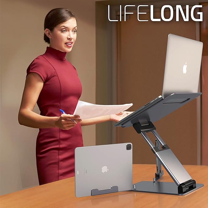 Lifelong 20" Tall Adjustable Laptop Stand with Phone & Tablet Holder | Ergonomic Aluminum Laptop Riser, Portable Foldable Computer Stand, Fits 10-17” Laptops for Desk - Image 2