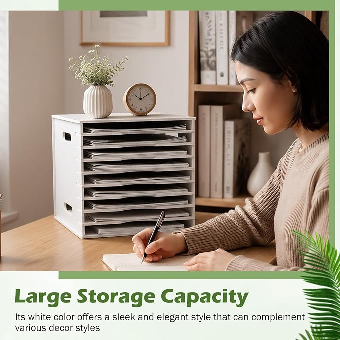 9 Tier 8.5" x 11" Scrapbook Paper Organizer, White Cardstock File Organizer with Adjustable Shelves, Stackable Paper Trays, Desktop Storage Rack Document Holder for Desk Home Office - Image 7