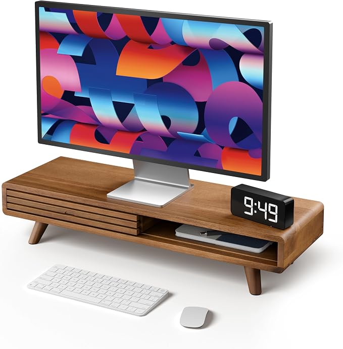 Tinamo 24" Wood Monitor Stand Riser with Sliding Door and Cable Management | Acacia Wood, Ergonomic Design, Fits Most 24"-32" Monitors, Non-slip, Hidden Multi-purpose Storage, All Hardware Included by TINAMO