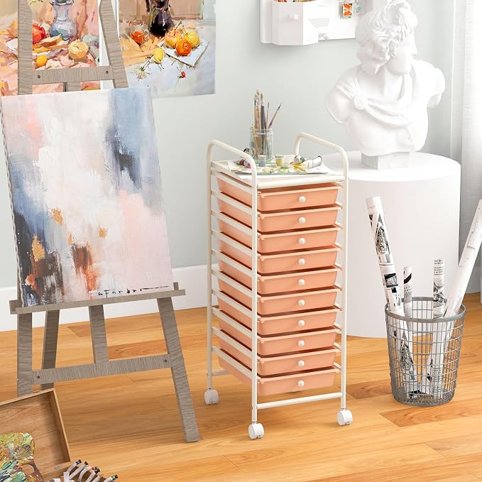Storage Cart, Rolling Utility Cart with 10 Drawers, Portable Handles & Lockable Wheels, Mobile Paper Toys Storage Organizer Large Capacity for Home Office School Teacher (Peach) - Image 7