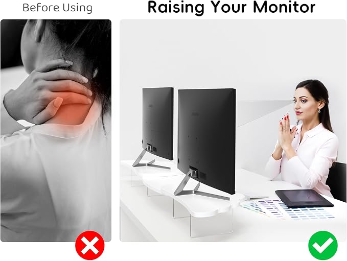 AFOOYO Dual Monitor Stand Riser, Wing-Shaped Sturdy Desktop Wood Stand for 2 Monitors, White Riser for Laptop, PC, Computer - Image 4