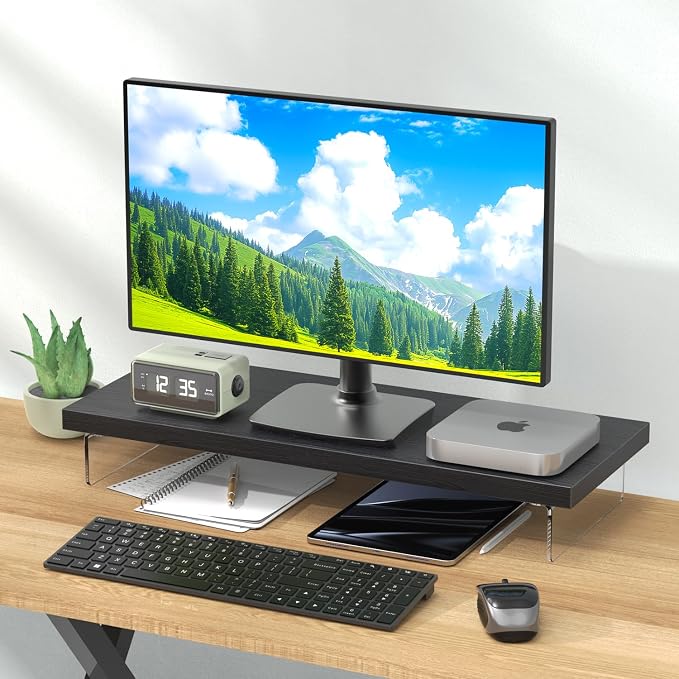 Monitor Stand Riser, 25x10 in Wood & Acrylic Computer Desk Organizer Shelf | Computer Monitor Stand With Wood & Acrylic Design; Works As Laptop Riser, Printer Stand, TV Screen Riser And Desk Organizer. - Image 2