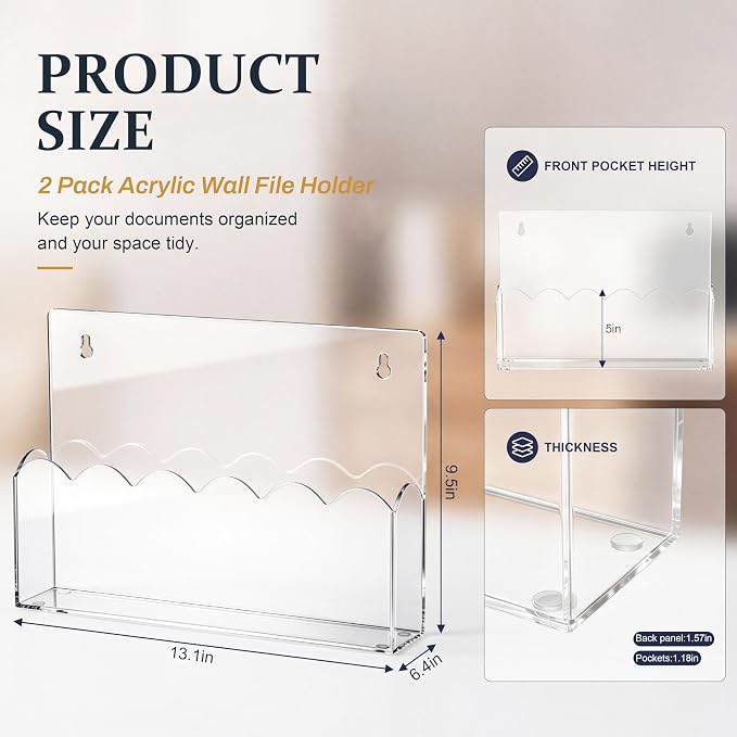 2 Pack Scalloped Acrylic Magazine File Holder Wall Mount Self Adhesive, 13 x 9.5 Inch Brochure Holder for A4 Pocket Storage Letter Folders Mail Organizer Literature Display - Image 2