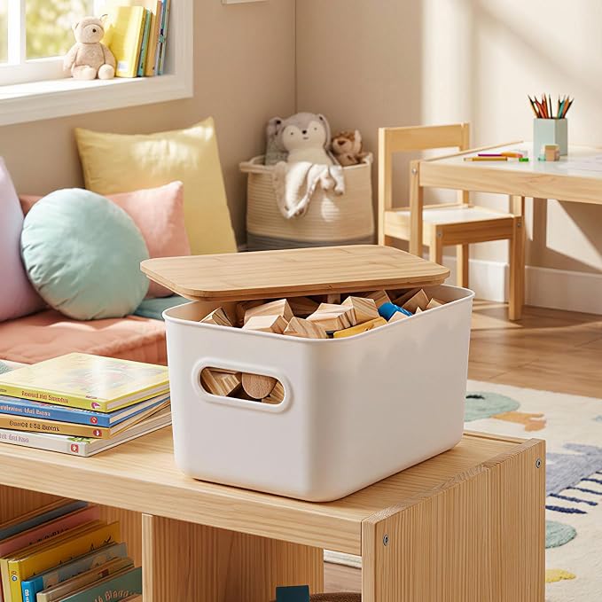 Citylife Storage Bins with Bamboo Lids 7QT Plastic Storage Containers Stackable Organizer Boxes with Handle for Desk Snacks, Toys, 4 PCS, 10" L x 7" W x 5.8" H - Image 4