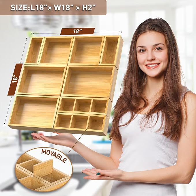 Bamboo Drawer Organizer, Set of 9 Wood Kitchen Junk Tea Desk Office Tray, Wooden Storage Boxes Organizers for Bathroom, Office (2" H 9 Boxes) - Image 4