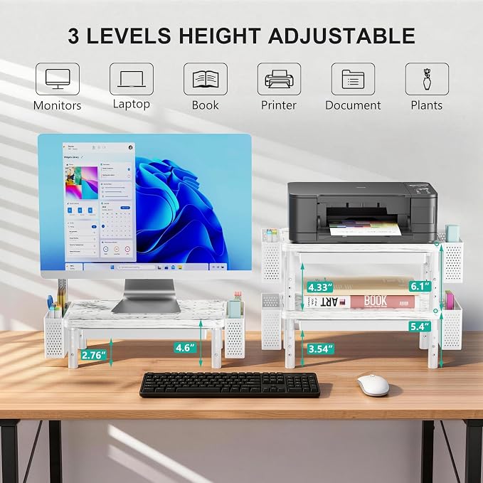WALI Computer Monitor Stand with Storage, Desk Organizer with Drawer and Pen Holder, Desk Monitor Riser 3 Height Adjustable, Laptop Riser for Computer, Laptop, Printer(PTT003-M), 1 Pack, Marble - Image 3