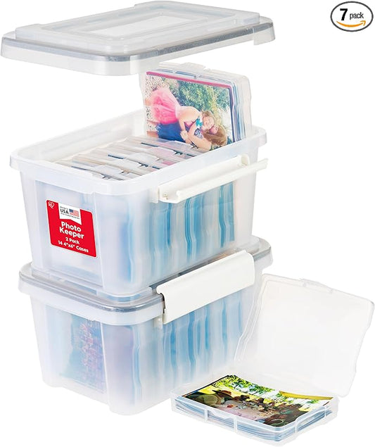 IRIS USA Photo Storage Box |Made in USA| 7 Cases - (2-Pack) - Clear | Fits 4" x 6" Pictures / Built-In Handle / Organizing Containers for Tasks, Stickers, Ephemera & Flashcards / WeatherPro by IRISUSA