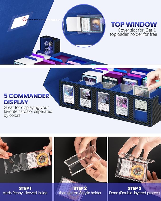 5 Row Trading Card Storage Box, Fit 4200+ Sleeveless Cards, Black & Blue | Large Capacity, Portable Handle, Include 30 Divider, 8 Supporters, 1 Dice Tray, Compatible for MTG/TCG/Magic Sports Cards - Image 3