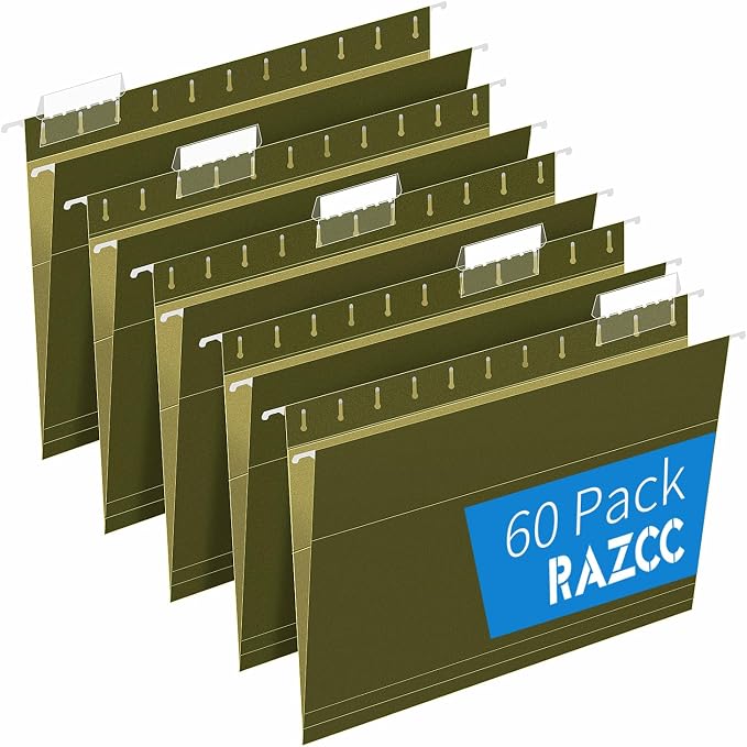 Hanging File Folders, RAZCC 60 Pack Reinforced Hanging Folders Letter Size, Designed for Bulky Files, Filing Cabinet, Adjustable Tabs, Green by RAZCC