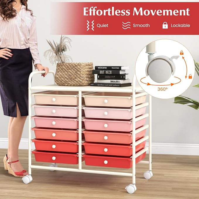 GOFLAME 12-Drawer Rolling Storage Cart, Multifunctional Art Craft Organizer Cart, Mobile Utility Storage Cart with Removable Drawers & Lockable Wheels, Craft Cart for Home Office School, Pink Gradient - Image 7