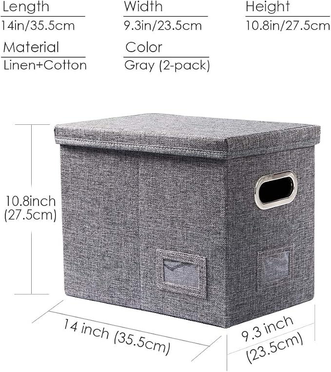 File Organizer Box - Set of 2 Collapsible Decorative Linen Filing Storage Hanging File Folders with Lids Office Cabinet Letter Size Grey (14x9.3x10.8 inch) - Image 8