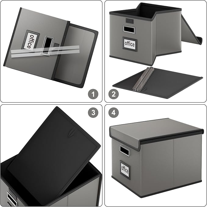 File Organizer Box with Lids, Collapsible File Folder Organizer | File Box with Plastic Slides for Document, Filing Bin for Letter Size Hanging File Folders (2 Pack, Dark Gray, Leather) - Image 7