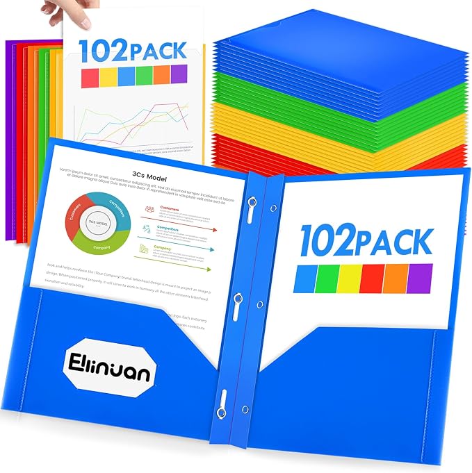 Ellinjan 102 Pack Plastic Folders with Pockets and Prongs, Clear Front 2 Pocket Folders with Brads, Heavy Duty Bulk Folders in 6 Colors, Letter Size for School and Office Supplies by WelcometoEllinjan%EF%BC%81