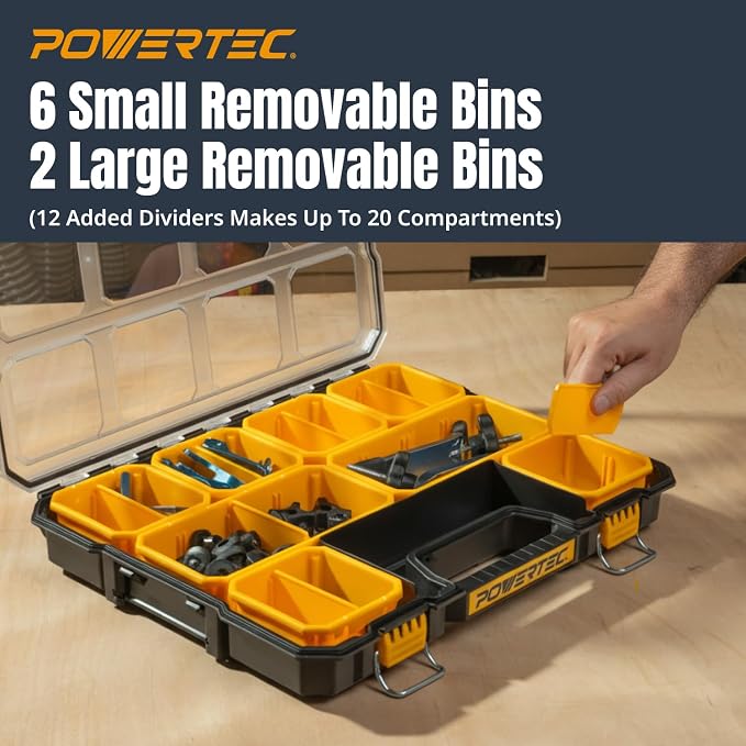 POWERTEC Small Parts Organizer & Tool Box – 20 Compartments, IP65 Water & Dust Protection, Stackable Storage with Interlocking Latch, Removable Bin, Divider, Clear Lid, Portable Design, 2PK (72366-P2) - Image 3