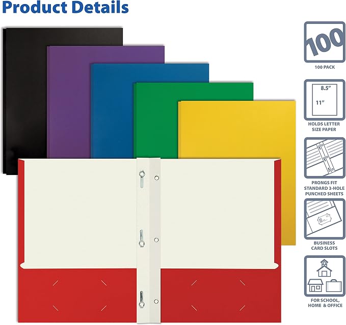 Better Office Products Letter Size Paper Portfolios, Case of 100, Assorted Primary Colors, with Fasteners (Assorted, 2 Pocket Paper Folders) - Image 3