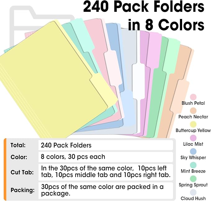 240 Pack File Folders, 1/3 Cut Tab Colored File Folders Letter Size 8.5 x 11 Inch, Filing Folder for Office School Business, 8 Pastel Colors - Image 5