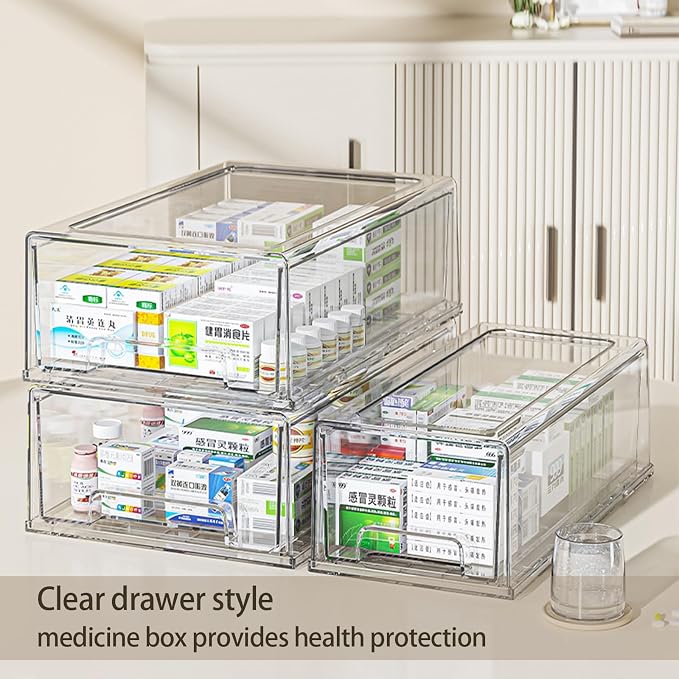 Pull Out Drawer Medicine Box for Safe Medication Storage, Large Refrigerator Storage Bin for Kitchen Food Safe, Tablet Box for Kids Home/Office Organize Ointments,2 Pack - Clear（ Medium） - Image 3