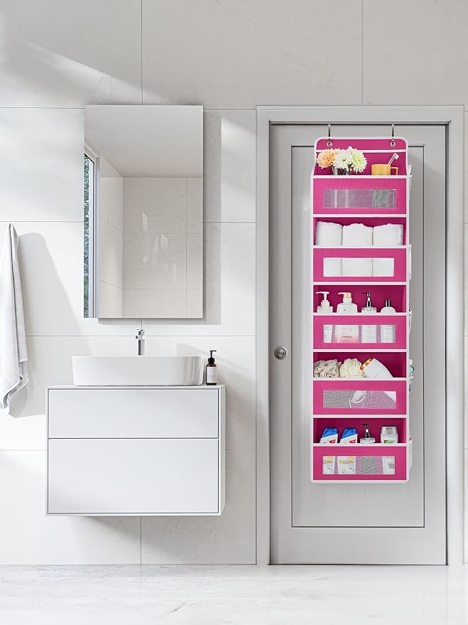 JARLINK Over the Door Organizer for Bedroom, Bathroom, 5 Shelf Rose Pink | Anti-Tilt Design, 44 lb Load Capacity, Hanging Door Organizer with 5 Large Capacity Pockets, Behind Door Storage for Nursery - Image 2