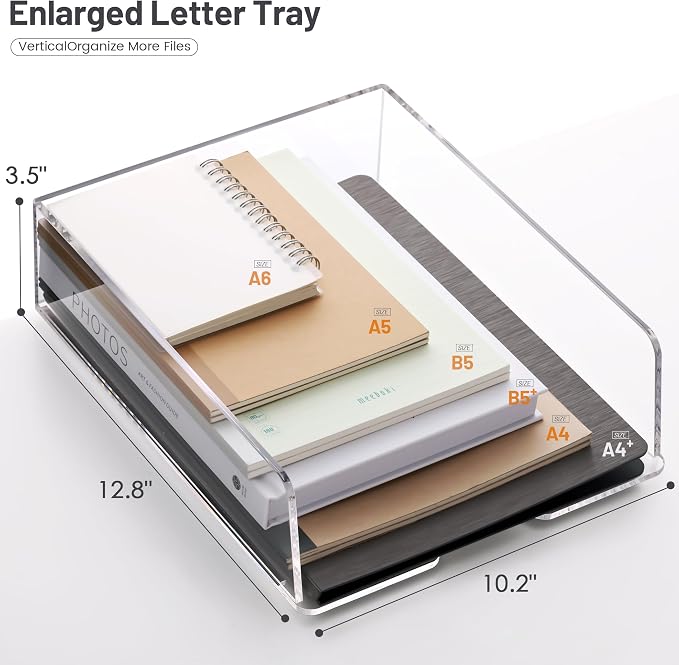 HeZone Enlarged Letter Paper Tray - Clear Acrylic Desk Organizers for Document Organization and File Storage - Stackable Office Accessories - 2 Pack (Large Tray V) - Image 3