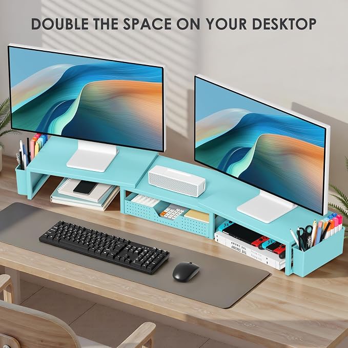 Desk Organizers and Accessories, Dual Monitor Stand Riser with Drawer and 2 Pen Holders, Desk Shelf Computer Monitor Stand for Office Workspace Organizers, Desktop Organization (Blue) - Image 4