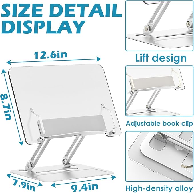 Acrylic Adjustable Book Stand, Reading Stand with Lift Design, High-Density Alloy Desktop Document Holder for Document Recipe, Cookbook, Music Book (Silver) - Image 2