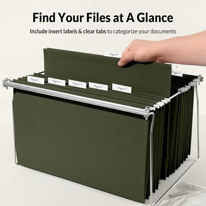 SUNEE Hanging File Folders Legal Size,25 Pack Reinforced Hang Folders, Adjustable 1/5-Cut Tabs, Designed for Bulky Files, Filing Cabinet, Standard Green - Image 3