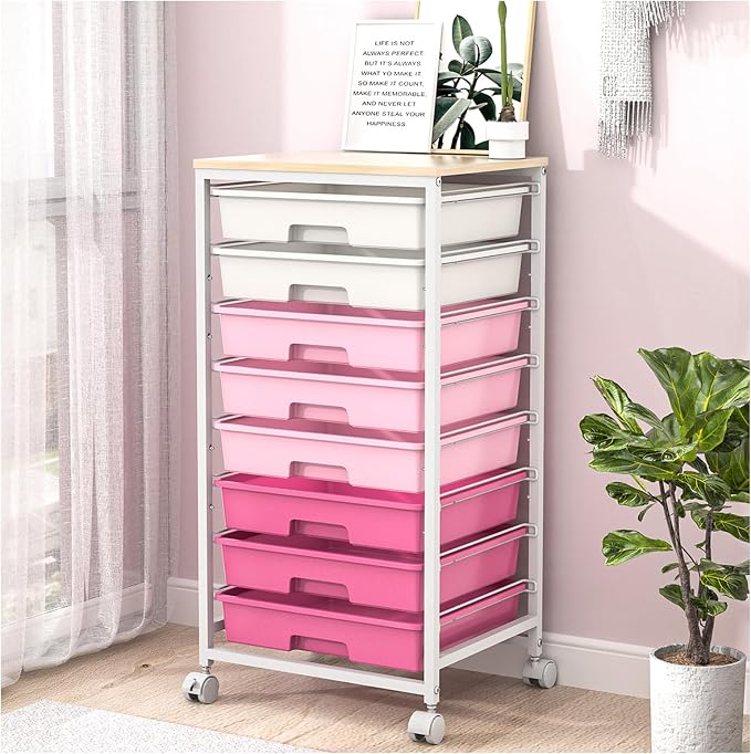 SYKIARIOL Rolling Cart with Drawers,Utility Cart with 8 Drawers,Rose Pink | Craft Organizers and Storage Cart with Wooden Tabletop for Living Room,Classroom, Bedroom,Dorm,Home Office by SYKIARIOL
