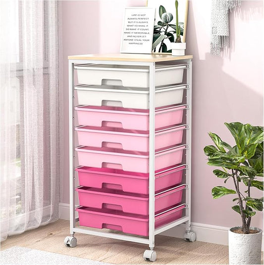 SYKIARIOL Rolling Cart with Drawers,Utility Cart with 8 Drawers,Rose Pink | Craft Organizers and Storage Cart with Wooden Tabletop for Living Room,Classroom, Bedroom,Dorm,Home Office by SYKIARIOL