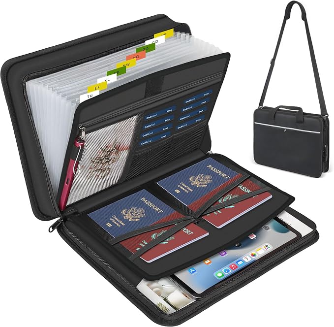 Accordion File Organizer with Lock and Shoulder Straps,Fireproof Waterproof Document Organizer Folder with Handle, Portable Large Capacity File Holder for Home Office School by XIAODUN