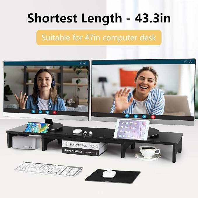 Nnewvante Bamboo Monitor Stand Riser, 60 inch Upgrade Height Large TV Riser | Black, Adjustable Length Angle, Dual Monitor Stand for Desk, 3 Shelves Desktop Screen Riser, For Computer Laptop - Image 3