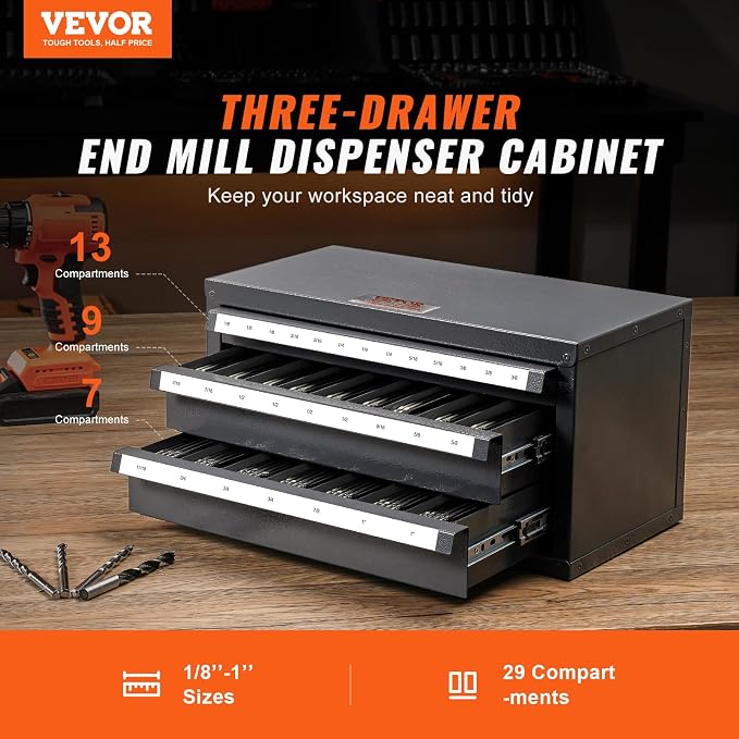 VEVOR End Mill Dispenser - Three-Drawer End Mill Organizer Cabinet, Cold Rolled Steel, Fractional Sizes 1/8" to 1" - Image 3