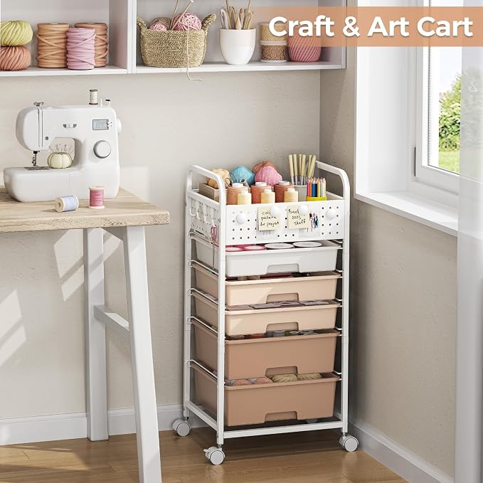 5 Drawer Rolling Storage Cart with Pegboard Top and Hooks, Brown | Mobile Organizer Cart with Wheels for Office Supplies, Craft Storage, Classroom Organization, Home Utility Cart - Image 5