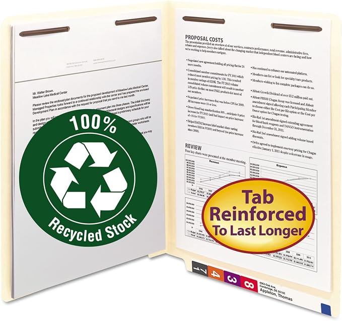 Smead 100% Recycled End Tab Fastener File Folder, Shelf-Master Reinforced Straight-Cut Tab, 2 Fasteners, Letter Size, Manila, 50 per Box (34160) by SMEAD