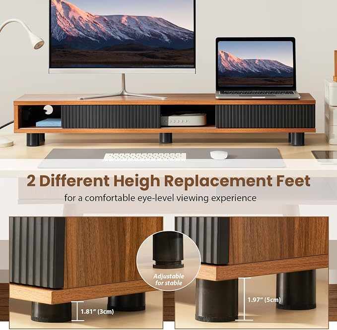 Artswish Dual Monitor Stand with Power Outlet, 42" Walnut Monitor Riser | Built-In Power Outlet, Drawer & Sliding Door Storage, Ergonomic Viewing Height, Walnut Wood Finish, For Office Work & Study - Image 4