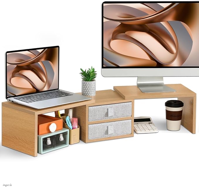 TEAMIX 42 inch Dual Monitor Stand Riser with 2 Drawers- Length and Angle Adjustable 3 Shelf Riser with Storage Desk Organizer Computer Monitor Stand for 2 Monitors/Laptop/PC,Screen/TV Stand Riser by TEAMIX