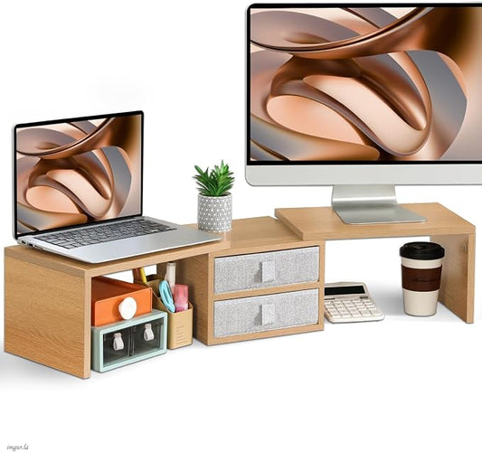 TEAMIX 42 inch Dual Monitor Stand Riser with 2 Drawers- Length and Angle Adjustable 3 Shelf Riser with Storage Desk Organizer Computer Monitor Stand for 2 Monitors/Laptop/PC,Screen/TV Stand Riser by TEAMIX