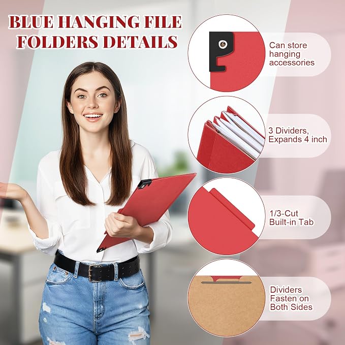 Henoyso 15 Pcs Hanging Pressboard Classification Folders with 4 Hangers, 3 Divider/ 8 Section, Letter Size, 8 Fasteners, 4 Inch Expansions, 1/3-cut Tab File Folder for Office School Medical(Dark Red) - Image 3